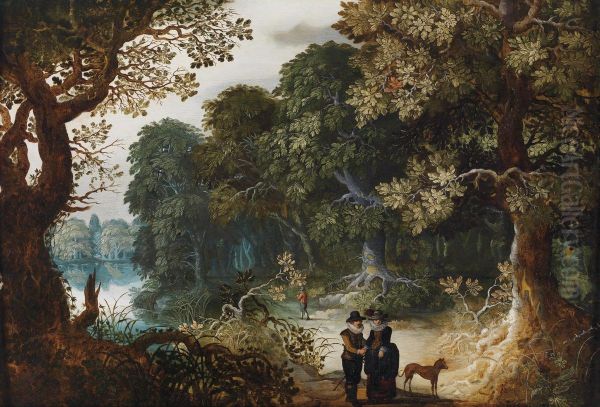 An Elegant Couple Strolling In Aforest Oil Painting by Abraham Govaerts