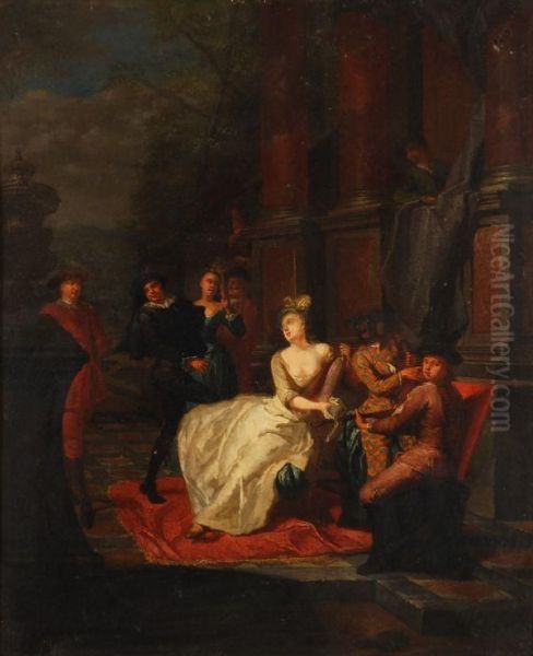 An Elegant Company Making Music On Aterrace Oil Painting by Hendrik Govaerts