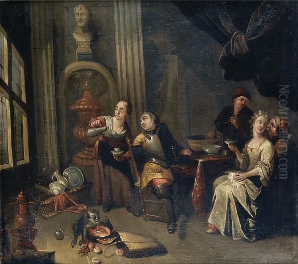 An Elegant Interior With Soldiers And Womencarousing Oil Painting by Hendrik Govaerts