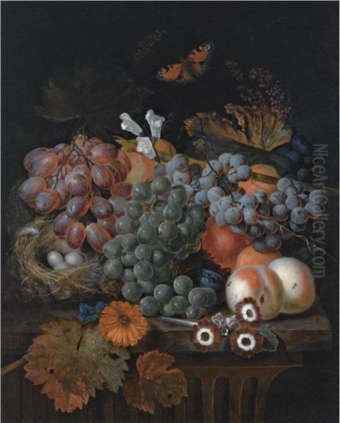 A Still Life With Blue And White Grapes On A Vine, Peaches, A Daisy, Auriculas And A Bird's Nest, All On A Wooden Ledge, Together With A Butterfly Oil Painting by Jan Baptist Govaerts