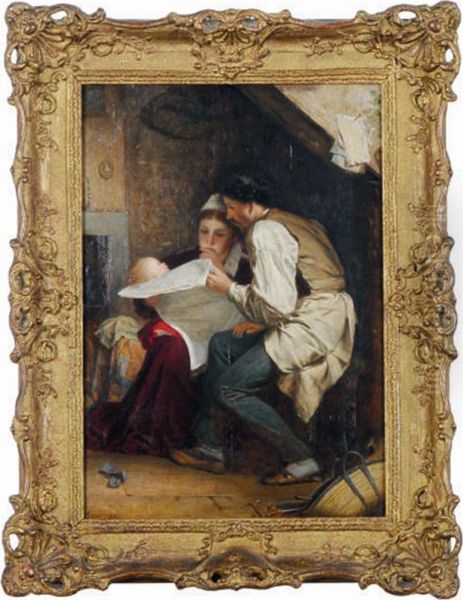 A Young Family Reading The Paper Oil Painting by Andrew Carrick Gow