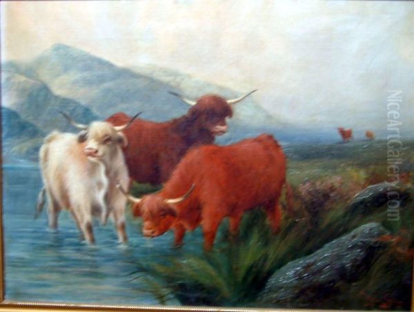 Highland Cattle Watering Oil Painting by Wylon Gowdy