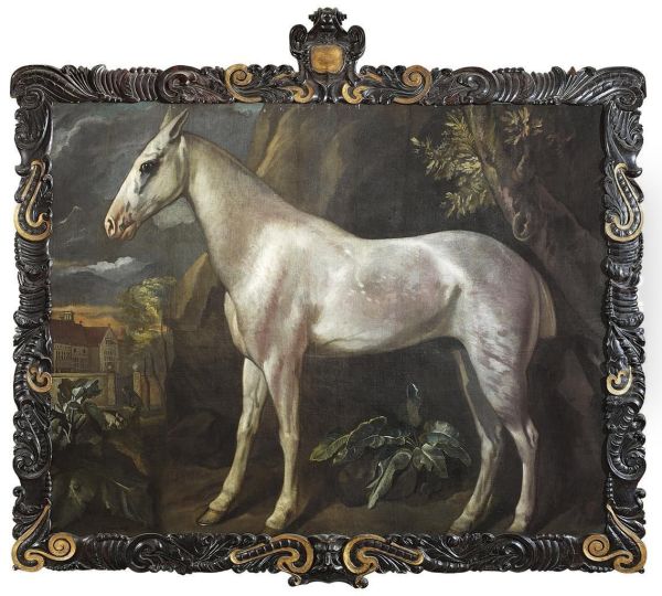 The Marquess Of Worcester's Dappled Grey Stallion, With Worcesterhouse Beyond Oil Painting by Jacob Peter Gowy