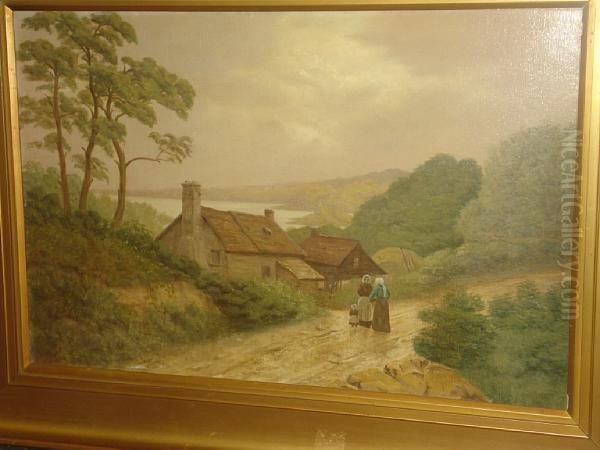 Figures Conversing On A Road Before A Coastal Landscape Oil Painting by James Walter Gozzard