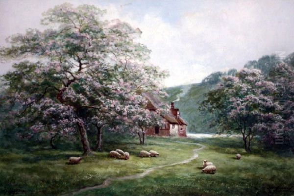 Farm Cottage And Sheep Oil Painting by James Walter Gozzard