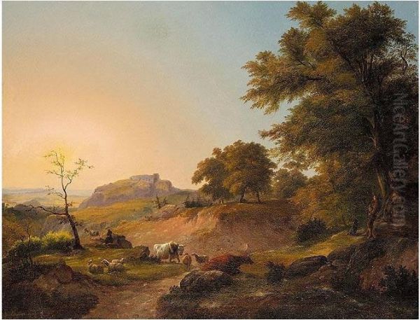 An Italianate Landscape With Herdsman And Cattle Oil Painting by Christian Grabau