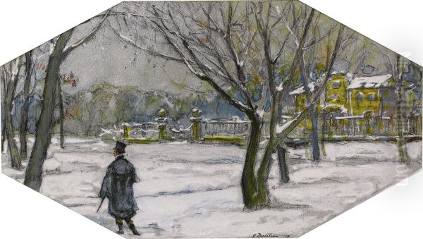 Strolling In The Snow Outside The Dacha Oil Painting by Ivan Mikhailovich Grabovsky