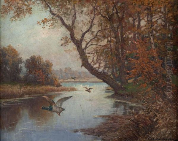 Herbstliche Flusslandschaft Mit Wildenten Oil Painting by Paul Grabwinkler