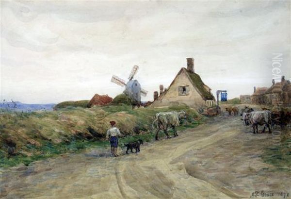 Cattle And Drover On A Lane Oil Painting by Alfred Fitzwalter Grace