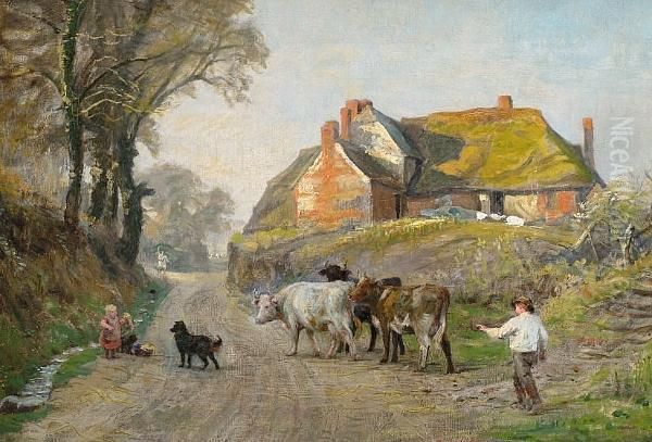 Droving Cattle Through A Village Oil Painting by Alfred Fitzwalter Grace