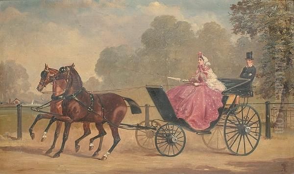 A Lady Driving Out In A Carriage And Pair Oil Painting by Alfred Fitzwalter Grace