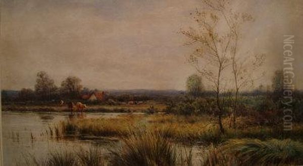 River Landscape With Cattle Watering Oil Painting by James Edward Grace