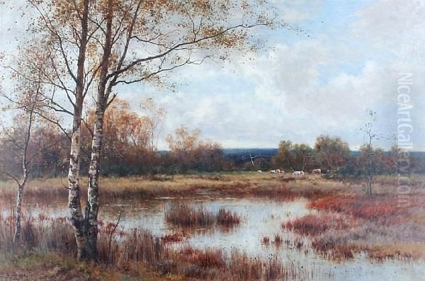 A Marsh Landscape With Cattle Watering Oil Painting by James Edward Grace