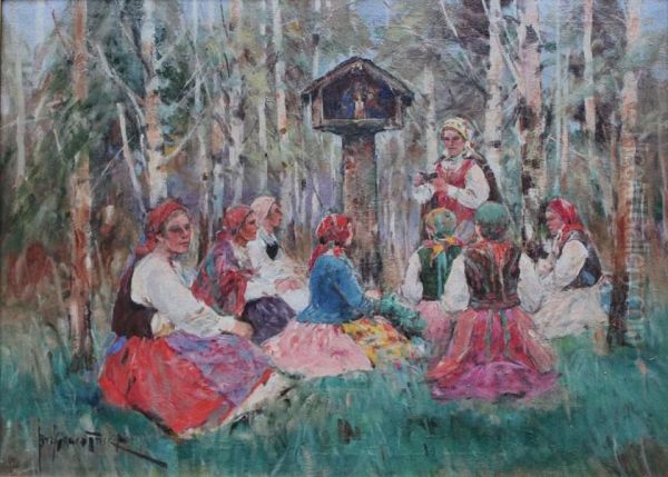 Spotkanie Przy Kapliczce Oil Painting by Josef Graczynski