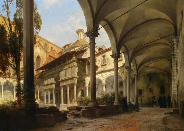 Courtyard Ofthe Pazzi Chapel In The Basilica Di Santa Croce In Florence Oil Painting by Carl Georg Anton Graeb