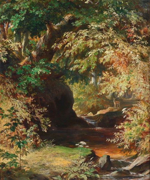 Woodland Stream With Roe Deer Oil Painting by Albert Graefle