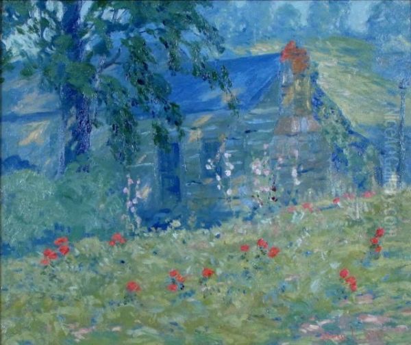 Depicting A Brown County Log Cabin Withblooming Flowers Oil Painting by Carl C. Graf