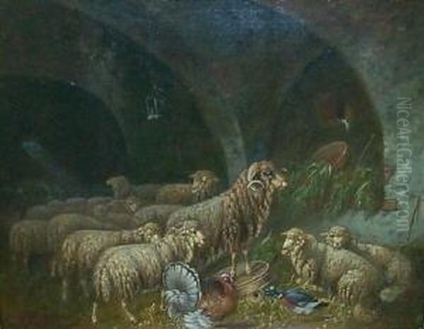 Schafherde Im Stall. Im Vordergrund Truthahn Mit Ente. Unten Links Signiert Graf Oil Painting by Ludwig Graf