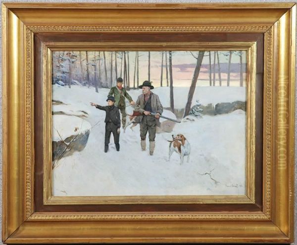 Three Hunters, Dog, In Winter Woodland Scene Oil Painting by Paul Edmund Graf