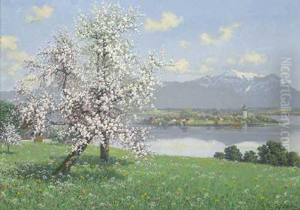 Obstblute Am Chiemsee - Blick Auf Die Fraueninsel. Oil Painting by Philip Graf