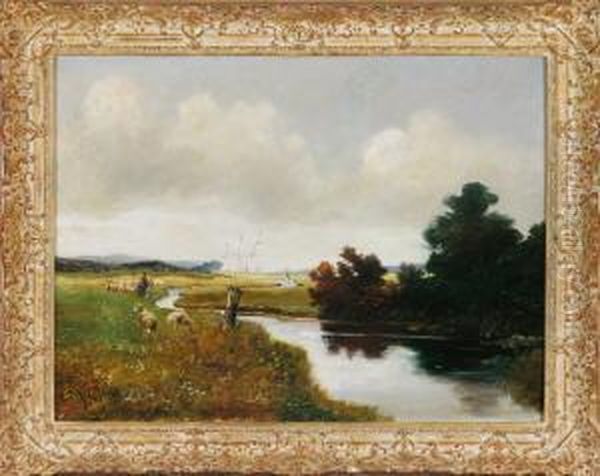 Schafer Mit Seiner Herde Am Bachlauf In Weiter Bewolkter Landschaft Oil Painting by Philip Graf