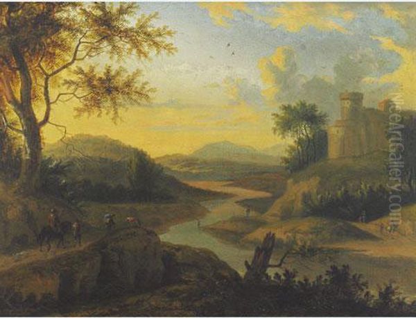 Travellers And Their Dogs In An Extensive Riverlandscape Oil Painting by Franz Graff