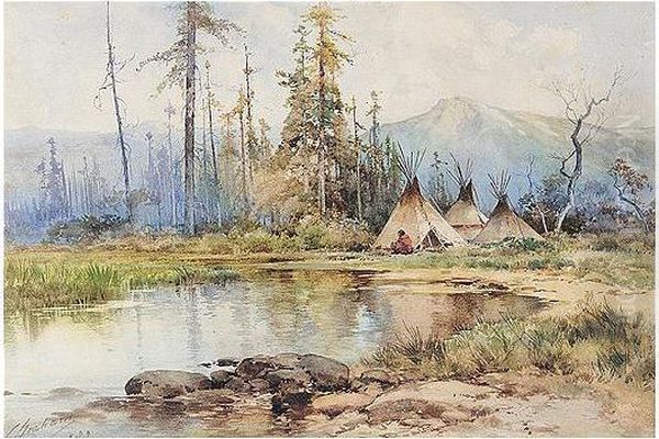 Native American Indians Camped By A River Oil Painting by Charles S. Graham