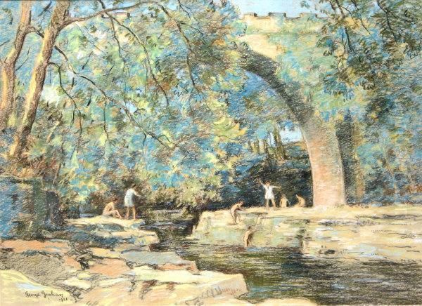 Young Children Bathing In A River In A Continental Wooded Landscape Oil Painting by George Graham