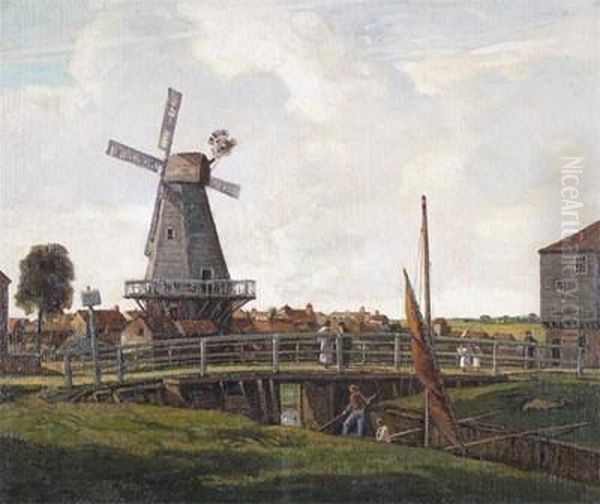 Dutch Canal Scene With Figures And Boats By A Windmill Oil Painting by George Graham