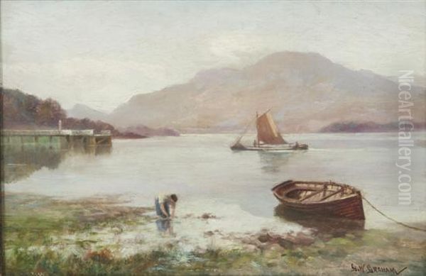 Boat In Lake With Figures Oil Painting by George William Graham