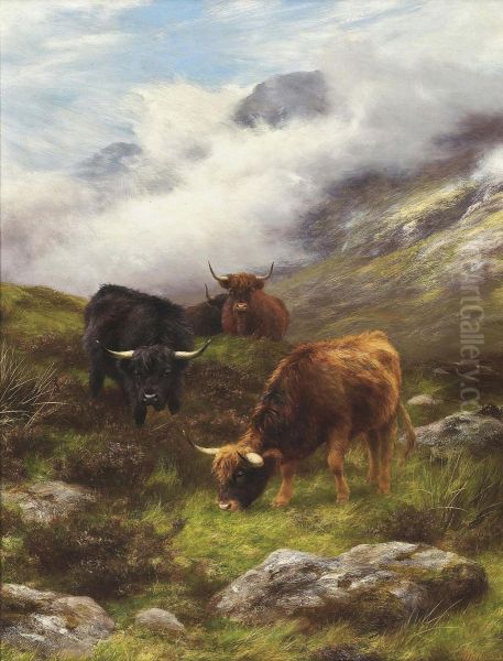 Highland Cattle Grazing On A Mist Covered Hillside Oil Painting by Peter Graham