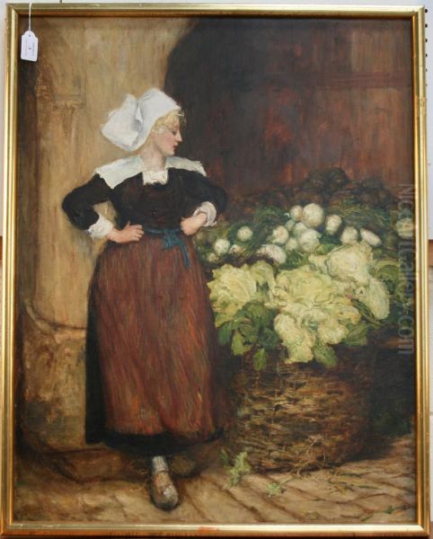 Female Dutch Market Seller Standing Beside A Basket Of Cabbages And Other Root Vegetables On A Shelf Oil Painting by Thomas Alexander Graham