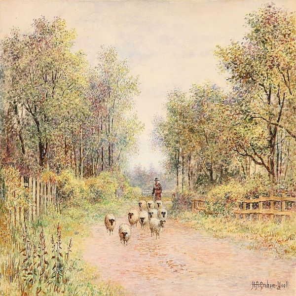 An Autumn Afternoon - Shepherd & Sheep Oil Painting by H.A. Graham Yooll