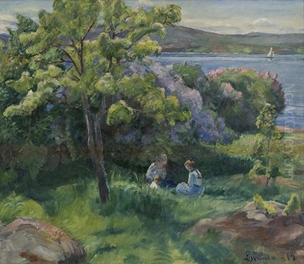 Woman And Children Insummer Landscape Oil Painting by Severin Grande