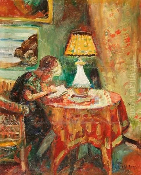 Interior Med Lesende Pike Ved Lampe Oil Painting by Severin Grande