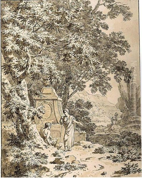 An Arcadian Landscape With Figures Resting Near A Classical Tomb Oil Painting by Jean Grandjean