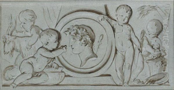 Four Putti Surrounding A Relief Portrait Of A Classical Figure Oil Painting by Jean Grandjean