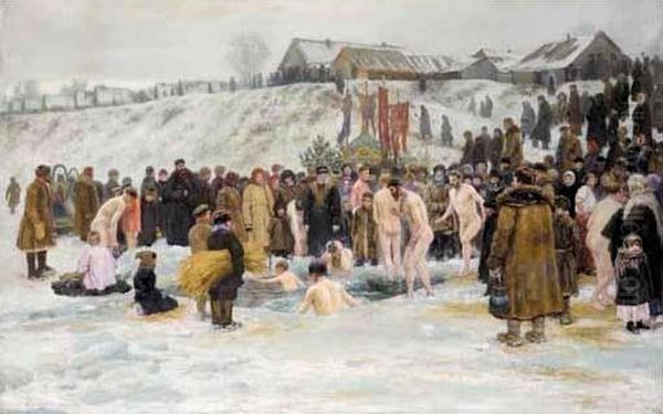 Bathing After The Blessing Of The Waters On The Sixth January, Feast Of The Epiphany Oil Painting by Nikolai Karlovich Grandkovskii