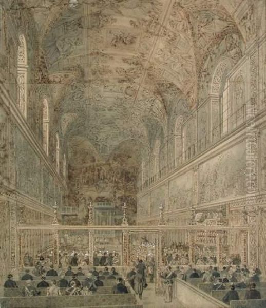 Ceremonie Papale Dans La Chapelle Sixtine. Oil Painting by Pierre Eugene Grandsire