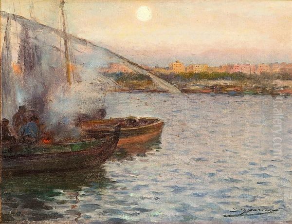 Puerto De Barcelona Oil Painting by Luis Graner Arrufi