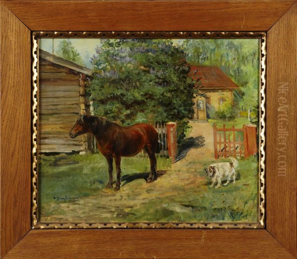 Gardsmotiv Med Hast Och Hund Oil Painting by Sigrid Granfelt