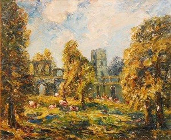 Ruined Abbey Scene With Cattle And Trees To The Foreground Oil Painting by Edward Granger