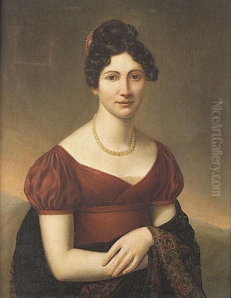 A Portrait Of A Lady In A Red Empire Dress Wearing A Beaded Haircomb Oil Painting by Jean-Pierre Granger