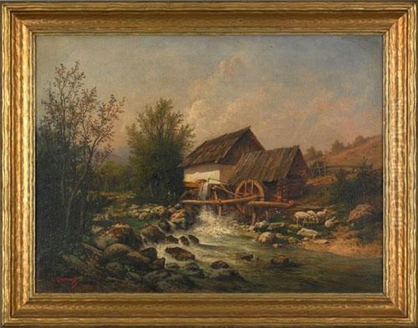 Landscape With Mill And Sheep Oil Painting by Leopold Graninger