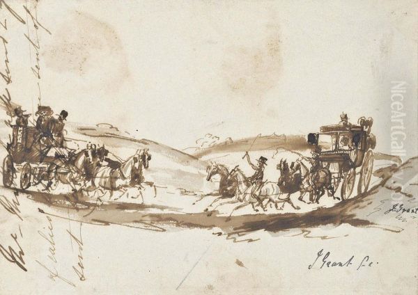 Two Horse-drawn Coaches Passing On The Road Oil Painting by Sir Francis Grant