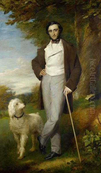 Portrait Of A Gentleman Standing In Parkland With His Poodle Oil Painting by Sir Francis Grant