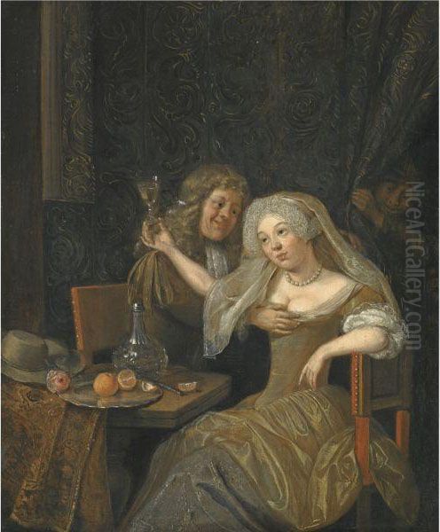 An Amorous Couple At A Table Laid With A Carafe Of Wine And A Plate Of Oranges Oil Painting by Jan Grasdorp