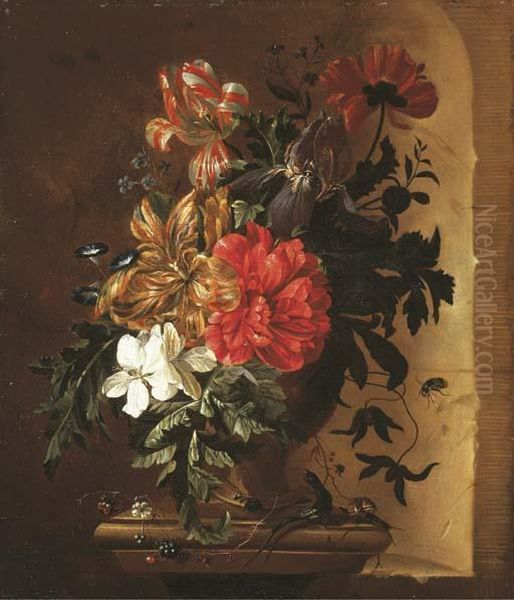 Tulips, An Iris, Morning Glory And Other Flowers In A Terracotta Vase Oil Painting by Willem Grasdorp