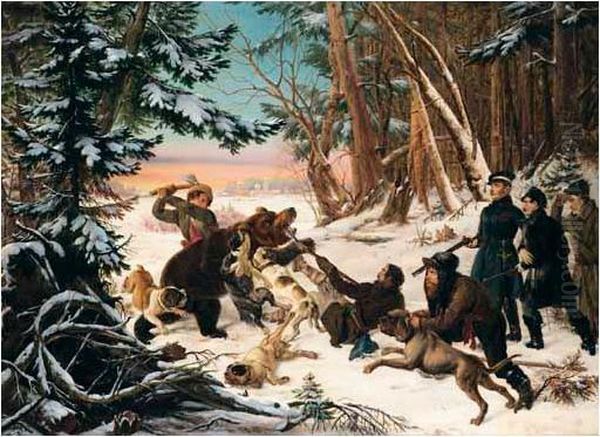 The Tsarevich Alexander's Bearhunt On The Outskirts Of Moscow Oil Painting by Otto Grashof