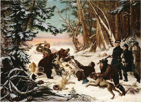 The Tsarevich Alexander's Bearhunt On The Outskirts Of Moscow Oil Painting by Otto Grashof